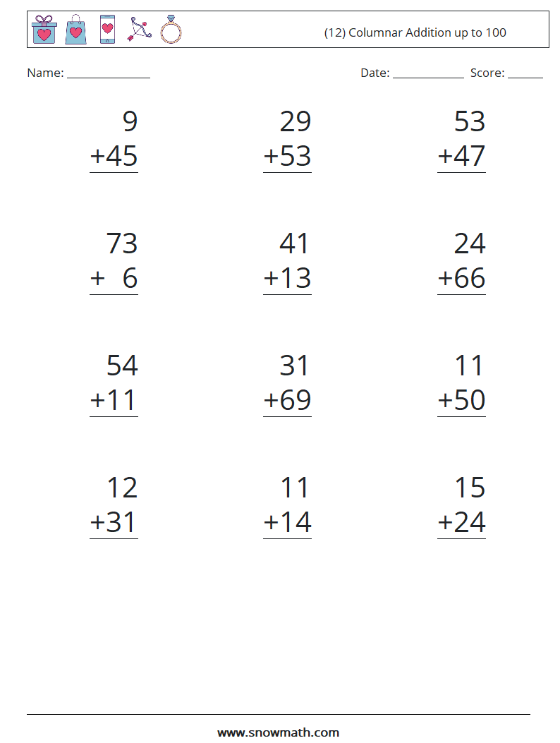 (12) Columnar Addition up to 100 Math Worksheets 15