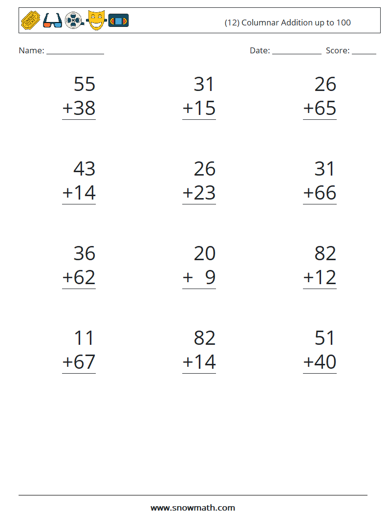 (12) Columnar Addition up to 100 Math Worksheets 16