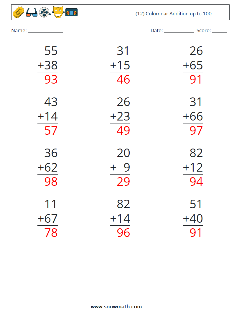 (12) Columnar Addition up to 100 Math Worksheets 16 Question, Answer