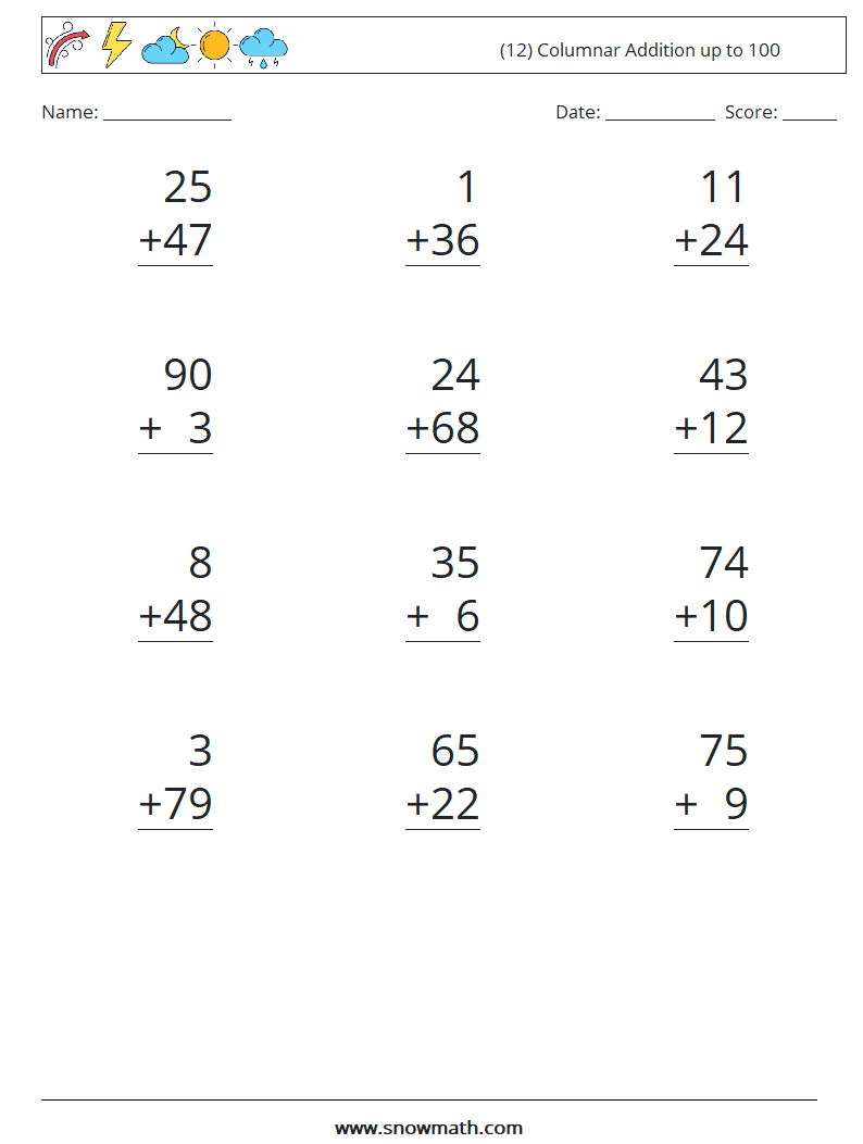 (12) Columnar Addition up to 100 Math Worksheets 17