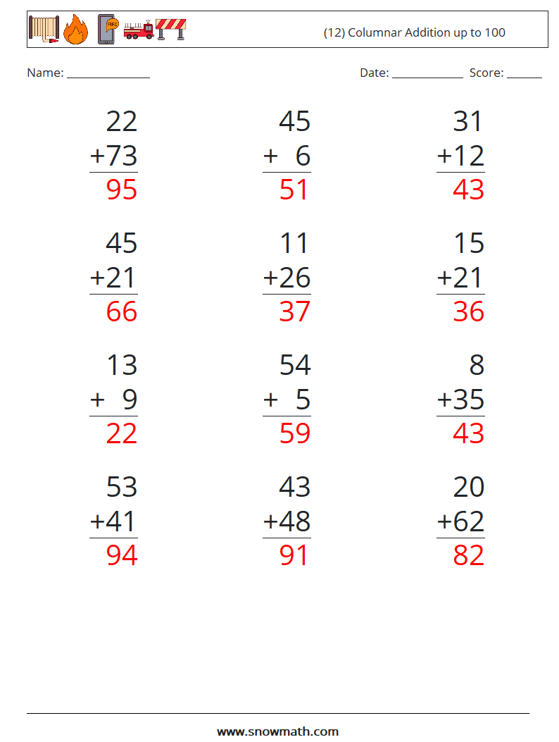 (12) Columnar Addition up to 100 Math Worksheets 18 Question, Answer