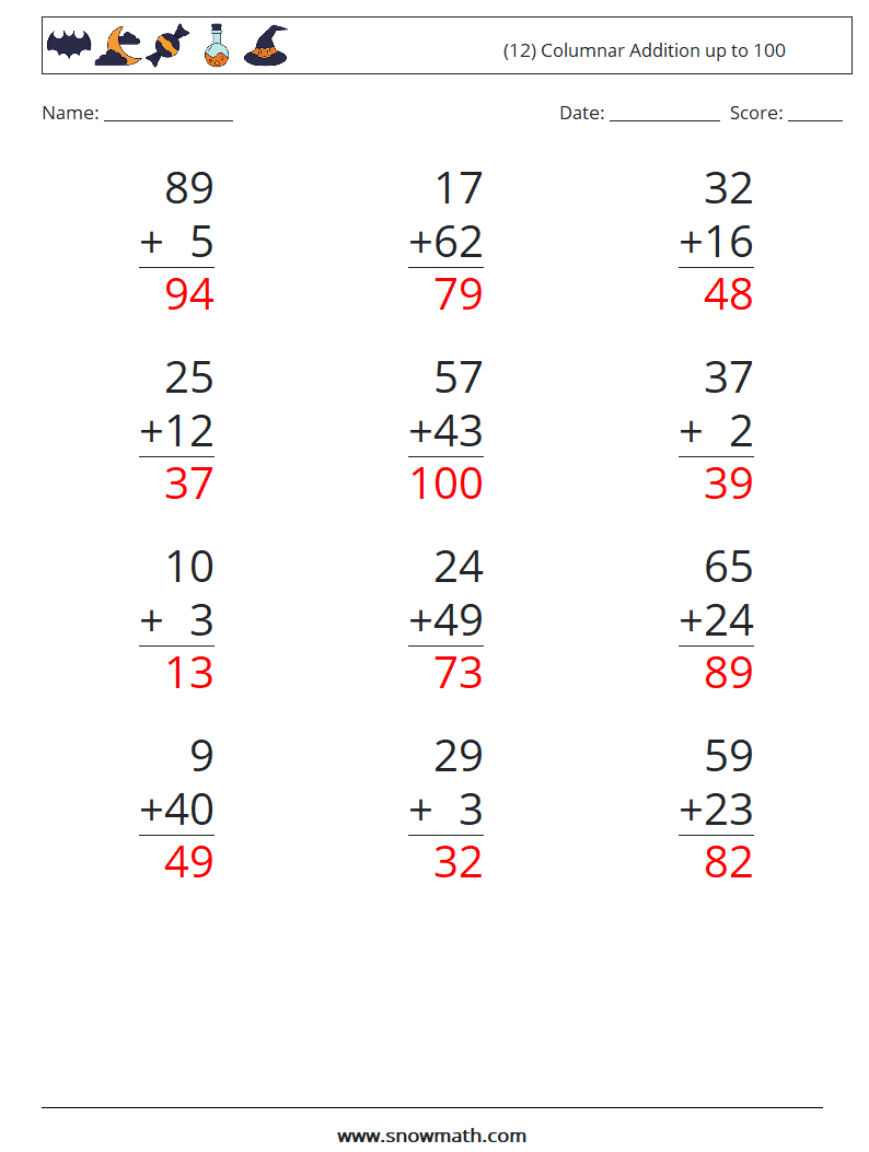 (12) Columnar Addition up to 100 Math Worksheets 1 Question, Answer