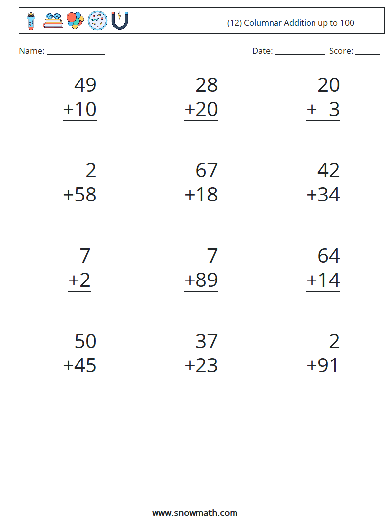(12) Columnar Addition up to 100 Math Worksheets 2