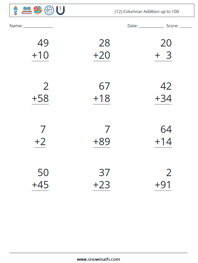 (12) Columnar Addition up to 100 Maths Worksheets 2