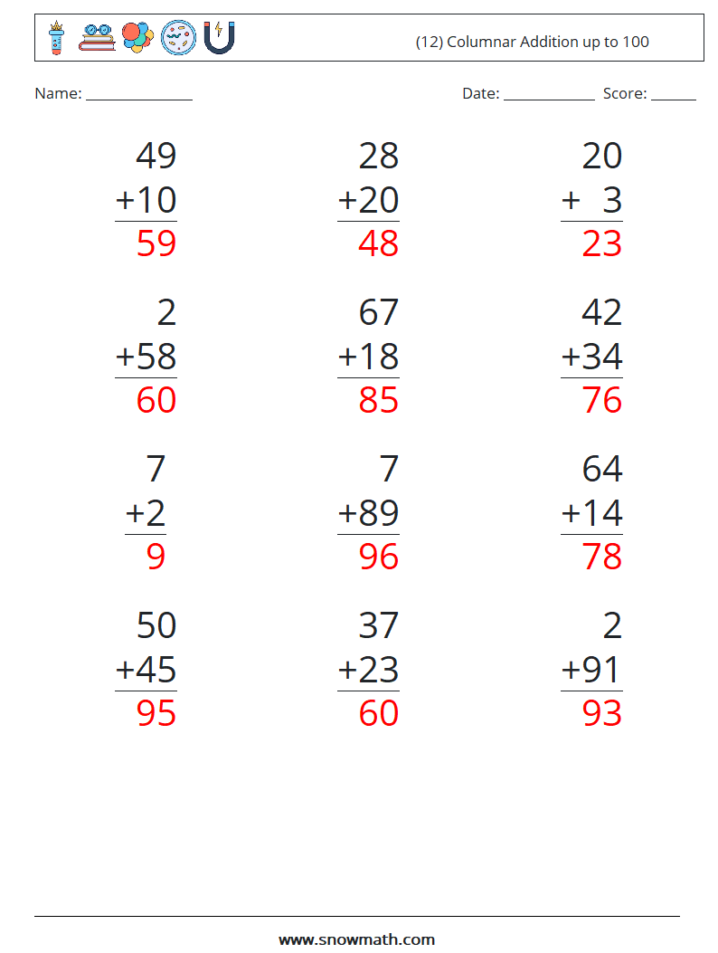 (12) Columnar Addition up to 100 Math Worksheets 2 Question, Answer