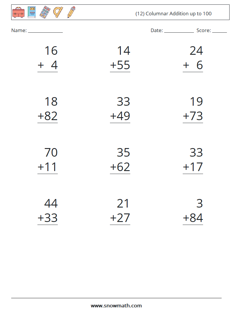 (12) Columnar Addition up to 100 Math Worksheets 3