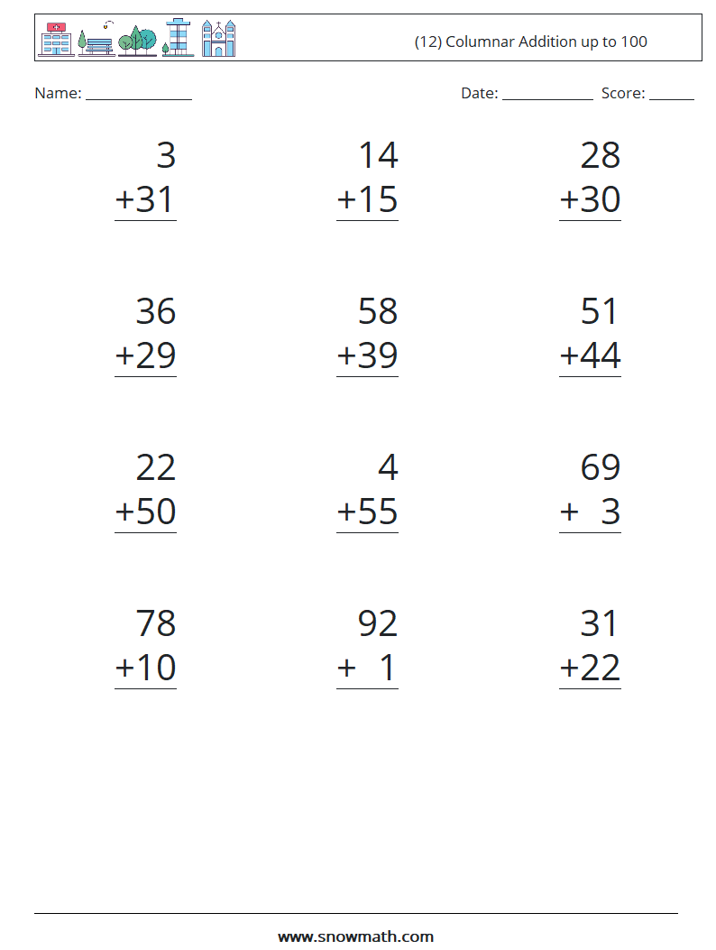 (12) Columnar Addition up to 100 Maths Worksheets 4