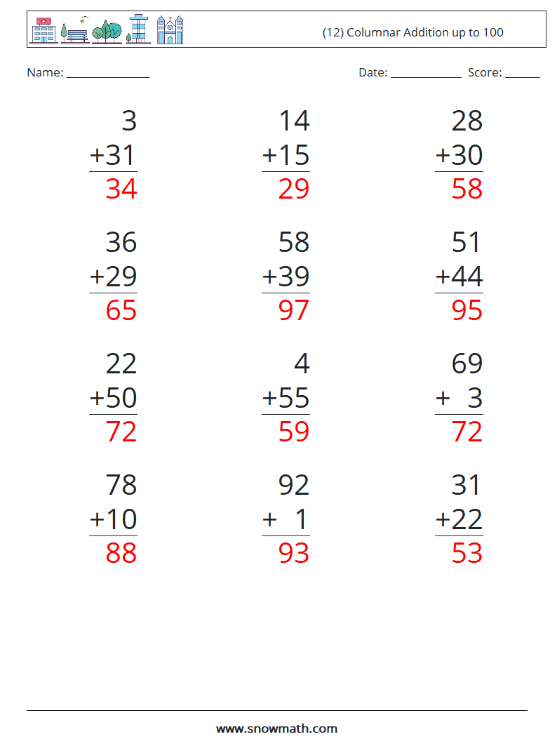 (12) Columnar Addition up to 100 Math Worksheets 4 Question, Answer