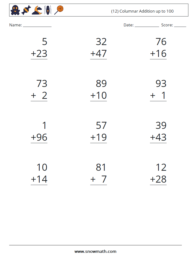 (12) Columnar Addition up to 100 Math Worksheets 5