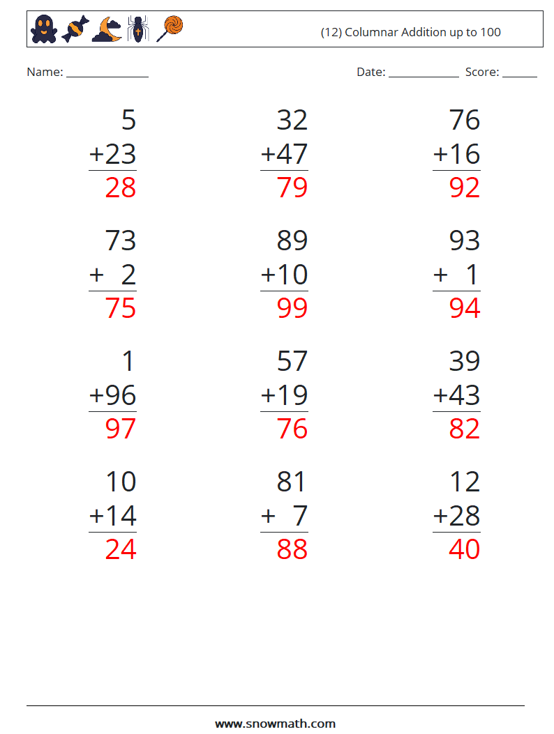 (12) Columnar Addition up to 100 Math Worksheets 5 Question, Answer