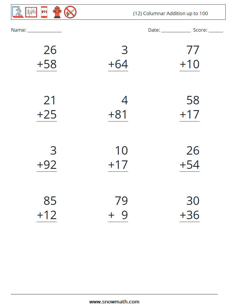 (12) Columnar Addition up to 100 Math Worksheets 7