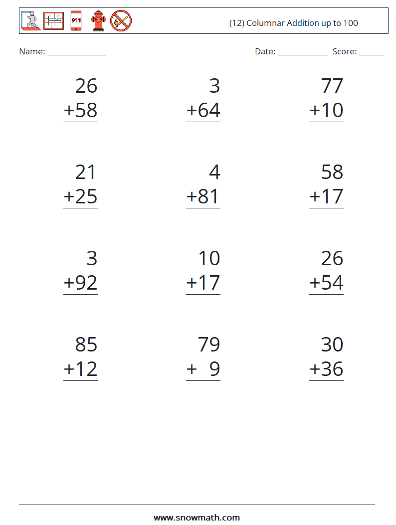 (12) Columnar Addition up to 100 Maths Worksheets 7