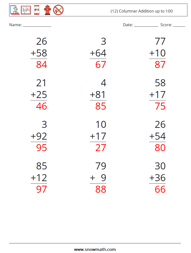 (12) Columnar Addition up to 100 Math Worksheets 7 Question, Answer