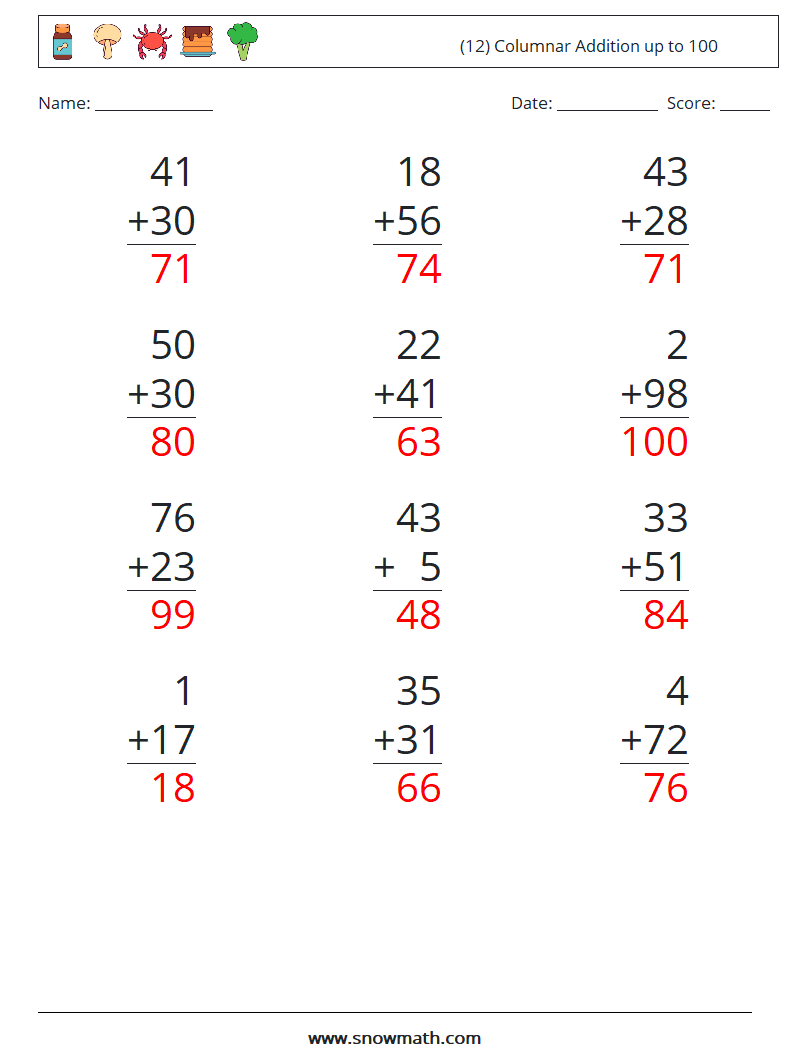 (12) Columnar Addition up to 100 Math Worksheets 8 Question, Answer