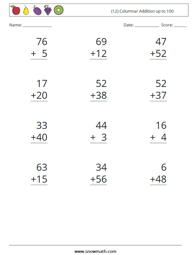 (12) Columnar Addition up to 100 Math Worksheets 9