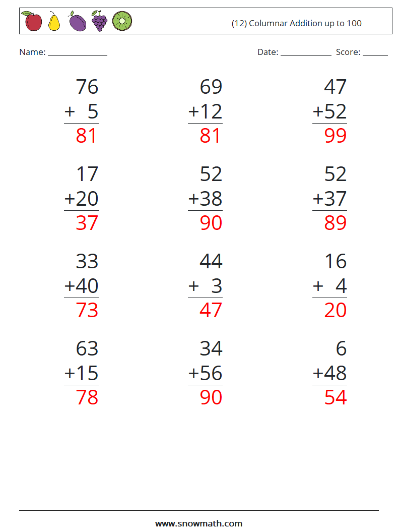 (12) Columnar Addition up to 100 Math Worksheets 9 Question, Answer