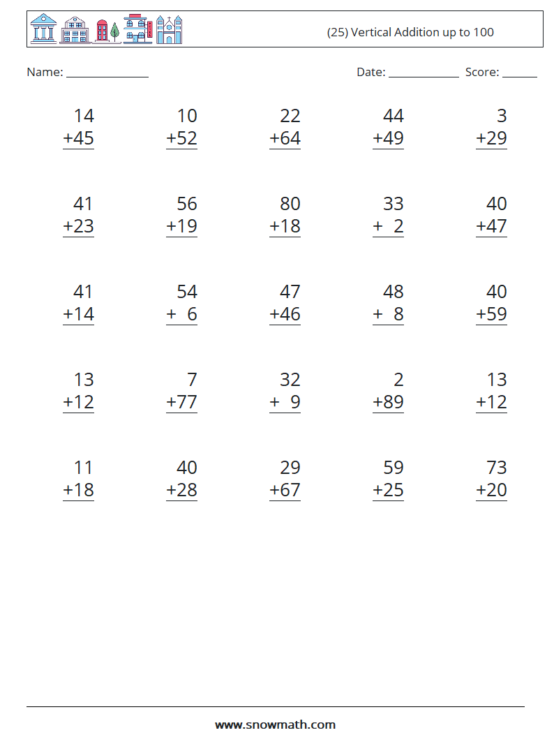 (25) Vertical Addition up to 100 Math Worksheets 1