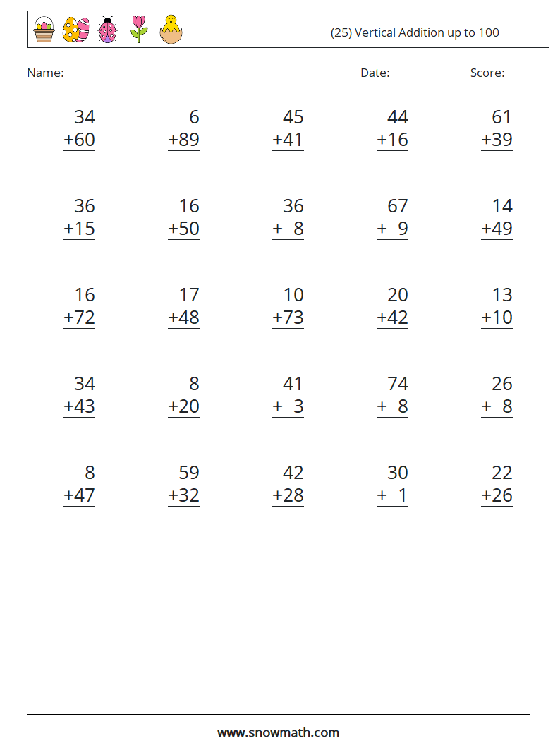 (25) Vertical Addition up to 100 Math Worksheets 10