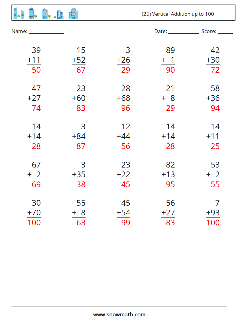 (25) Vertical Addition up to 100 Math Worksheets 11 Question, Answer