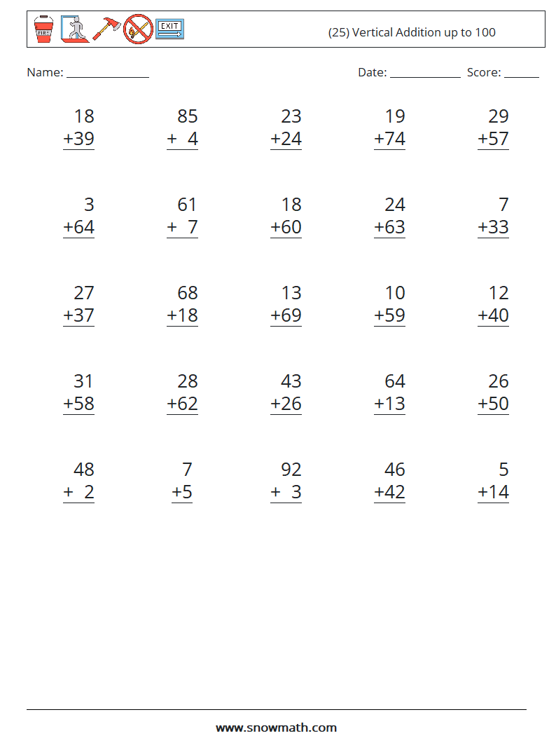 (25) Vertical Addition up to 100 Math Worksheets 12