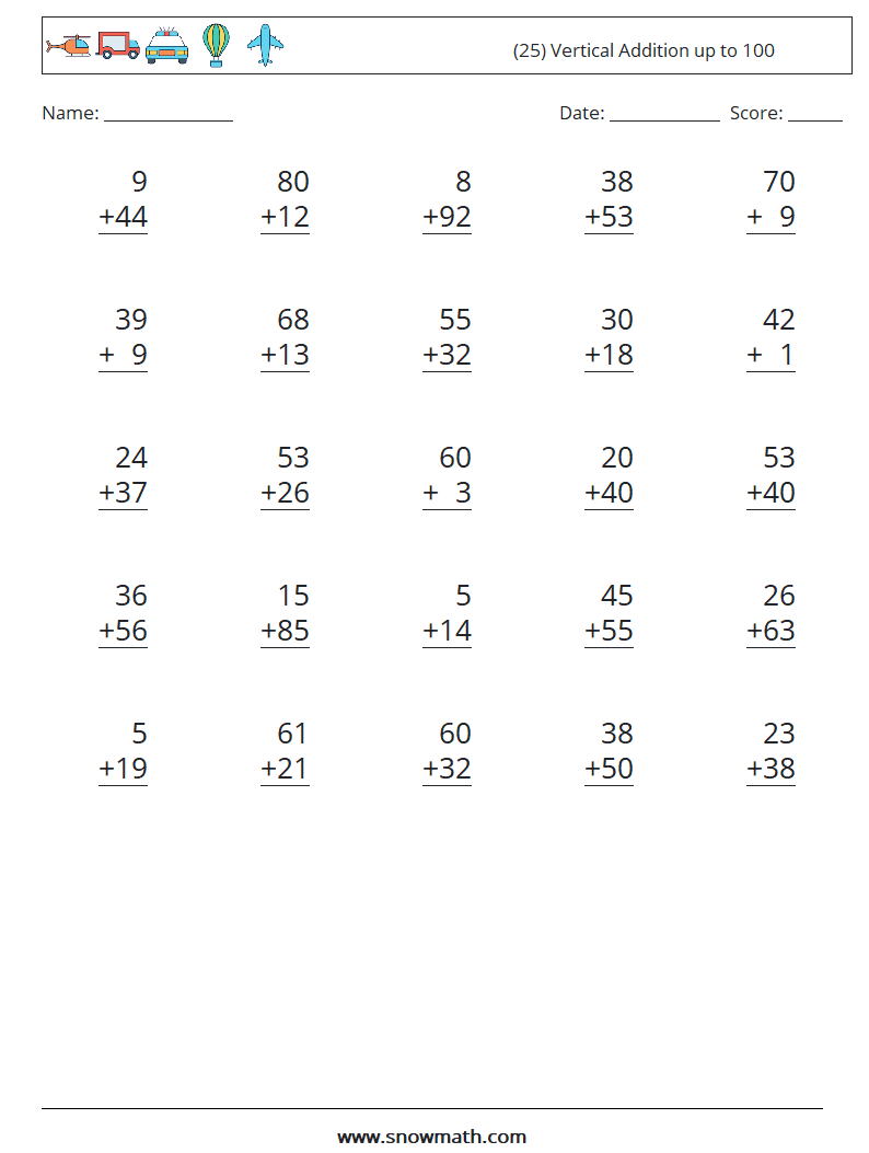 (25) Vertical Addition up to 100 Maths Worksheets 14