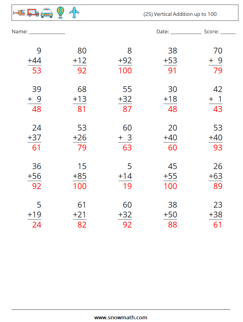 (25) Vertical Addition up to 100 Math Worksheets 14 Question, Answer