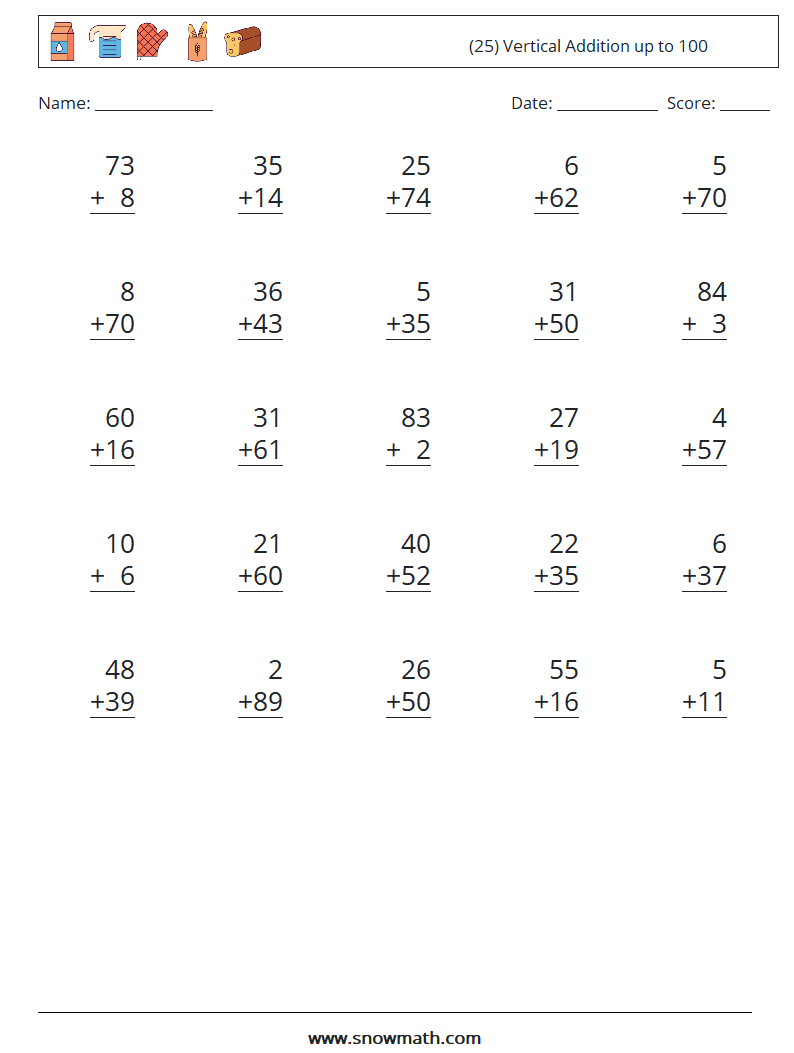 (25) Vertical Addition up to 100 Maths Worksheets 15