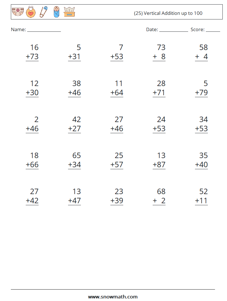 (25) Vertical Addition up to 100 Maths Worksheets 16