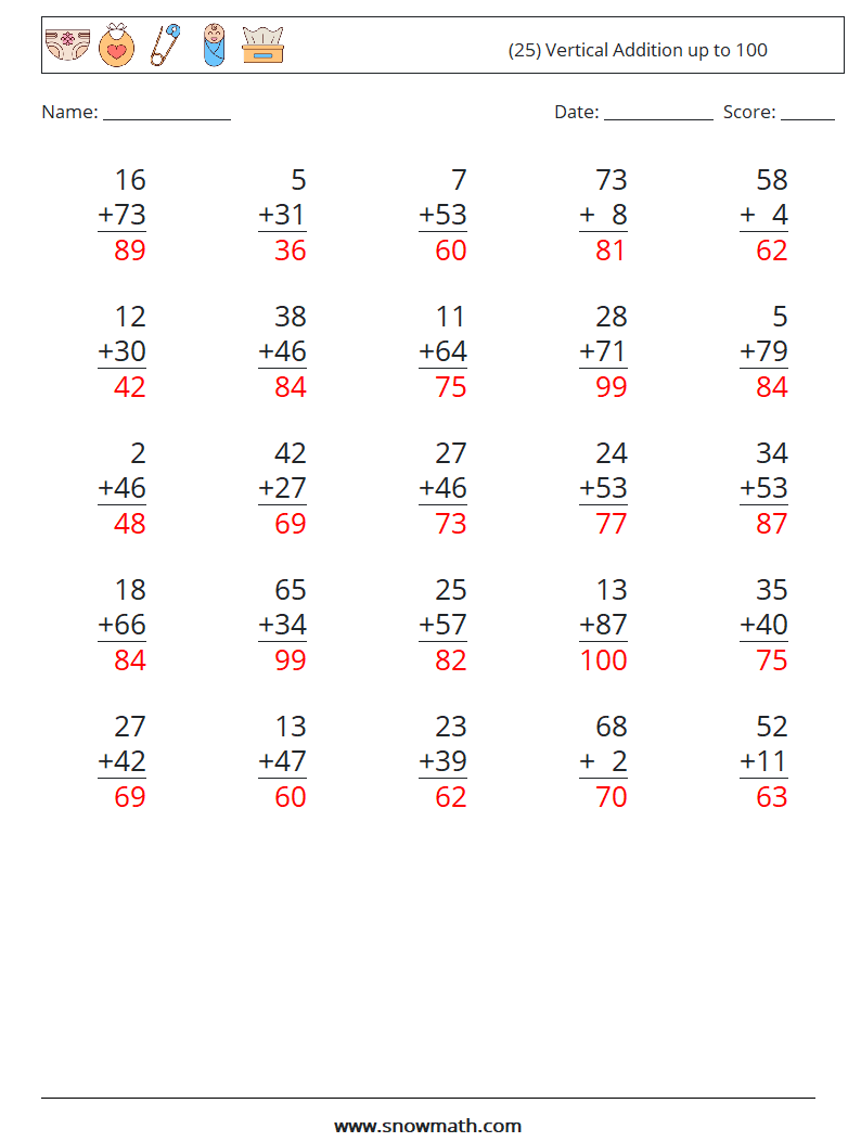 (25) Vertical Addition up to 100 Math Worksheets 16 Question, Answer