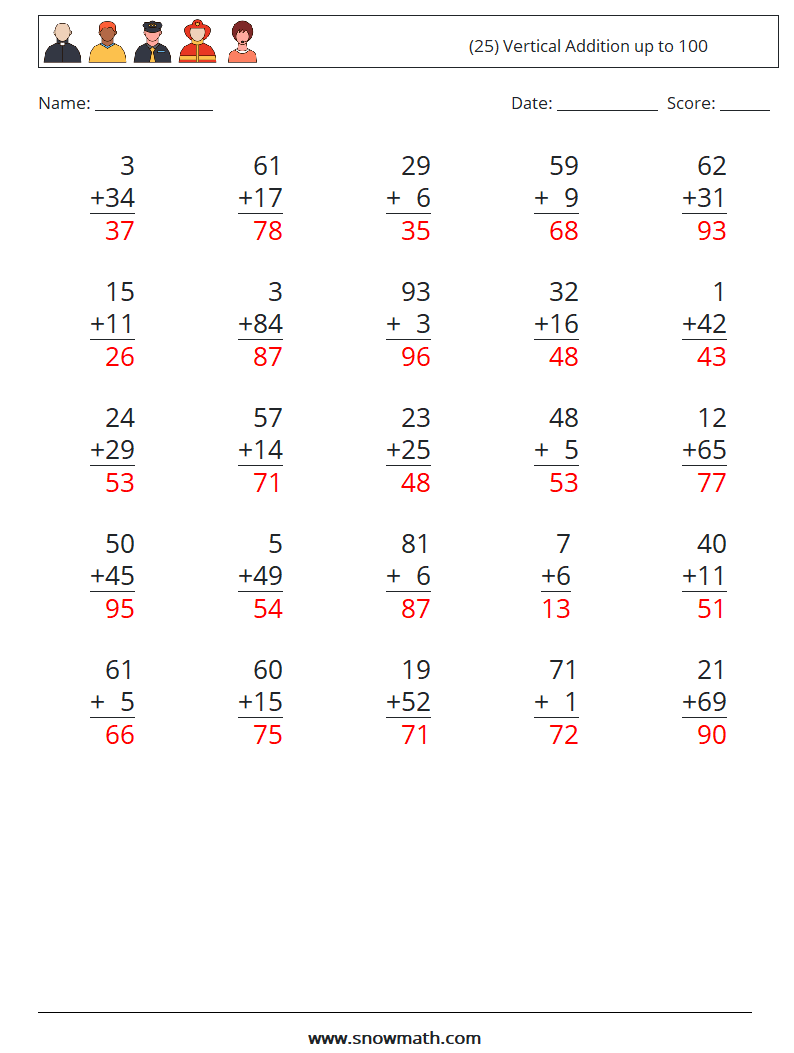 (25) Vertical Addition up to 100 Math Worksheets 17 Question, Answer