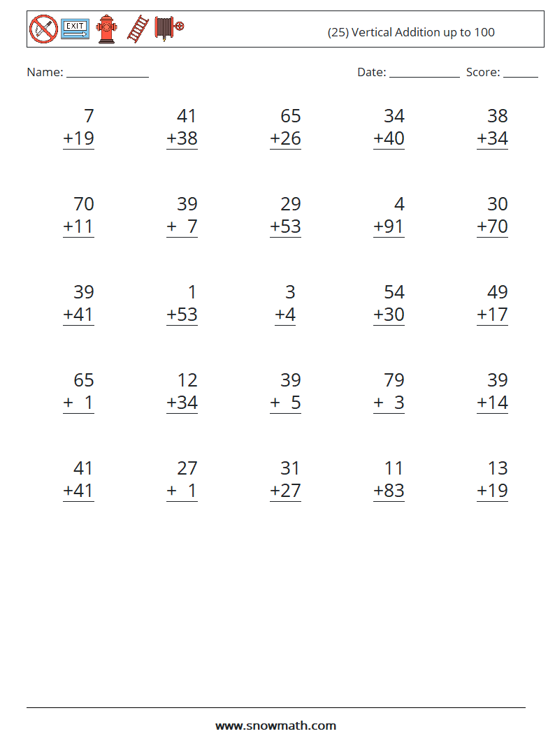 (25) Vertical Addition up to 100 Math Worksheets 2