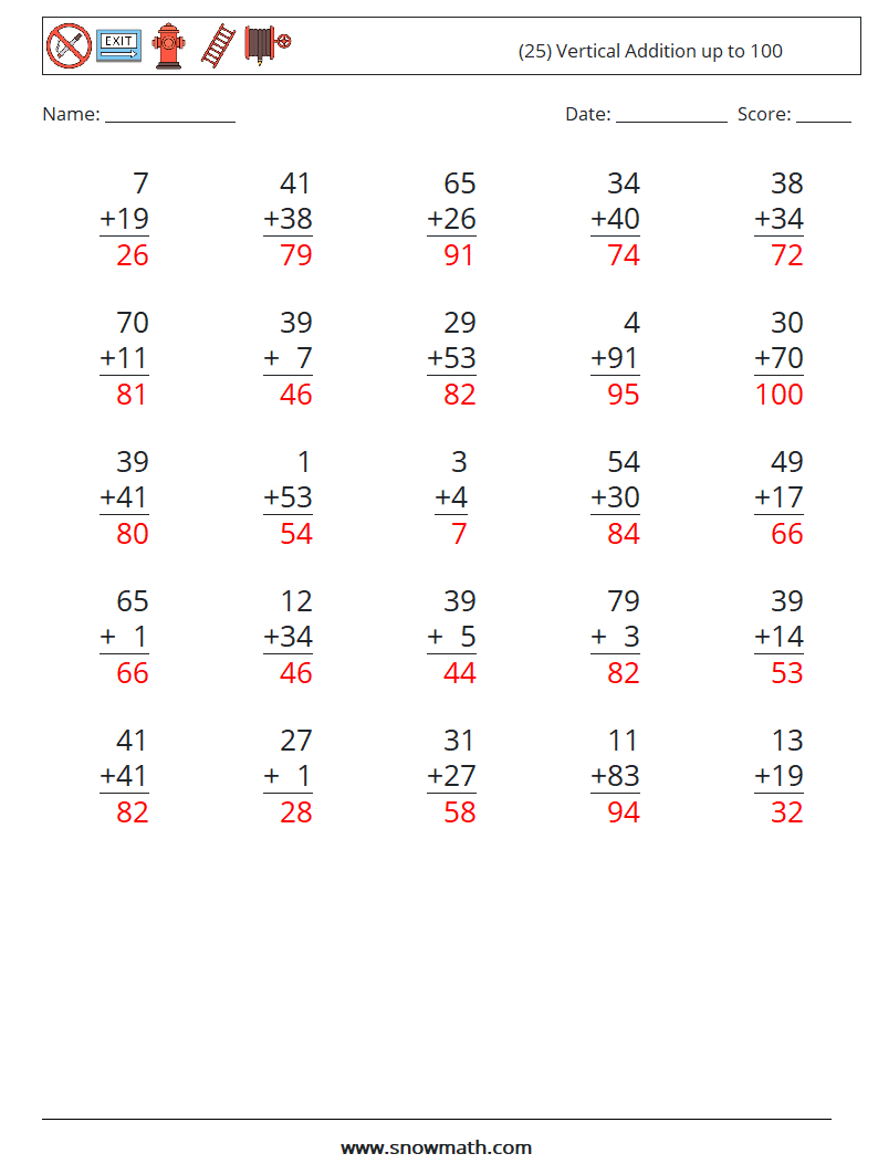 (25) Vertical Addition up to 100 Math Worksheets 2 Question, Answer