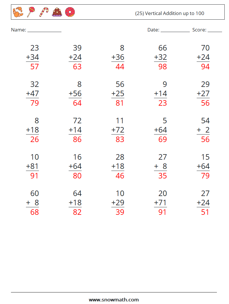 (25) Vertical Addition up to 100 Math Worksheets 3 Question, Answer