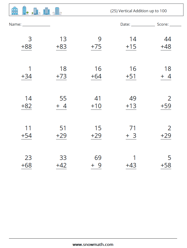 (25) Vertical Addition up to 100 Maths Worksheets 4