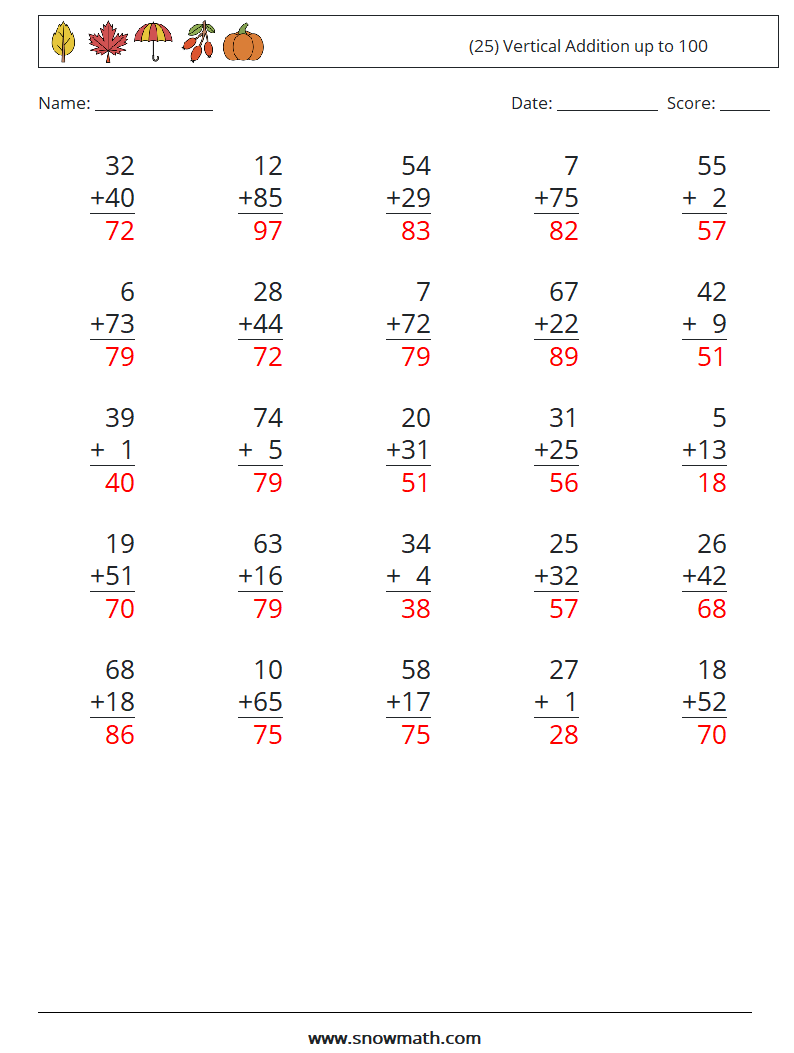 (25) Vertical Addition up to 100 Math Worksheets 7 Question, Answer