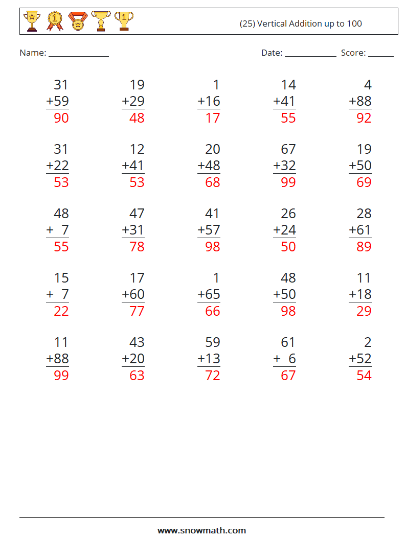 (25) Vertical Addition up to 100 Math Worksheets 8 Question, Answer