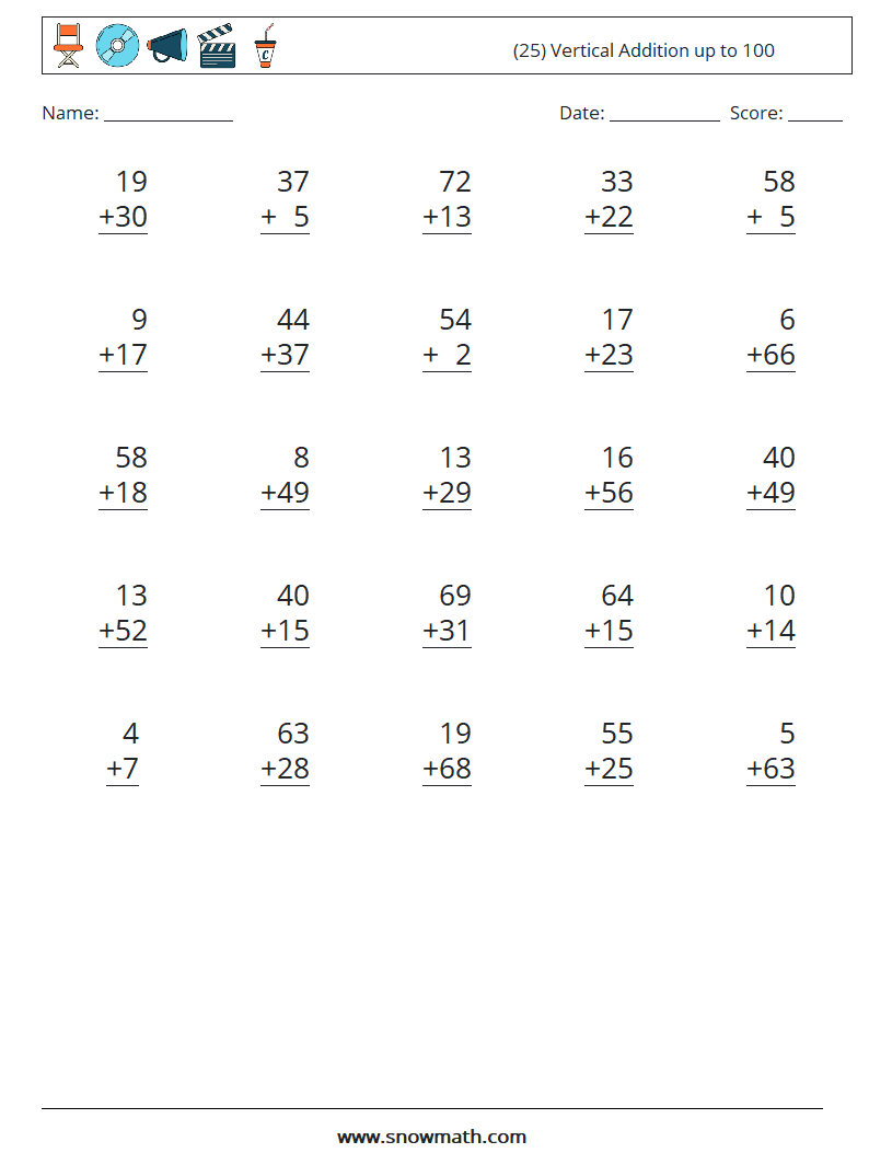 (25) Vertical Addition up to 100 Math Worksheets 9