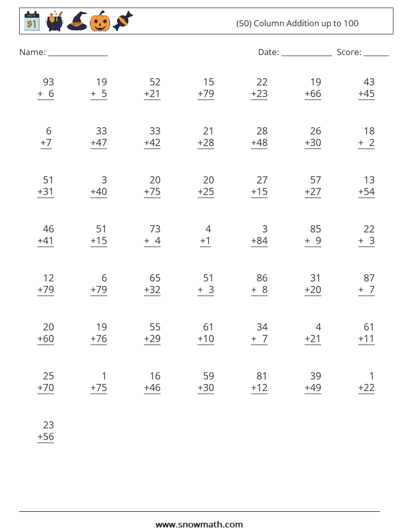 (50) Column Addition up to 100 Math Worksheets 1