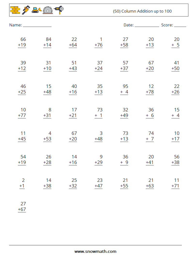 (50) Column Addition up to 100 Math Worksheets 11