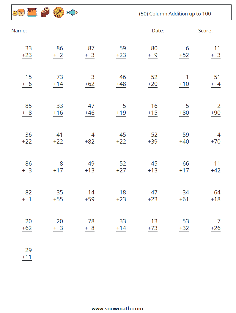 (50) Column Addition up to 100 Maths Worksheets 12