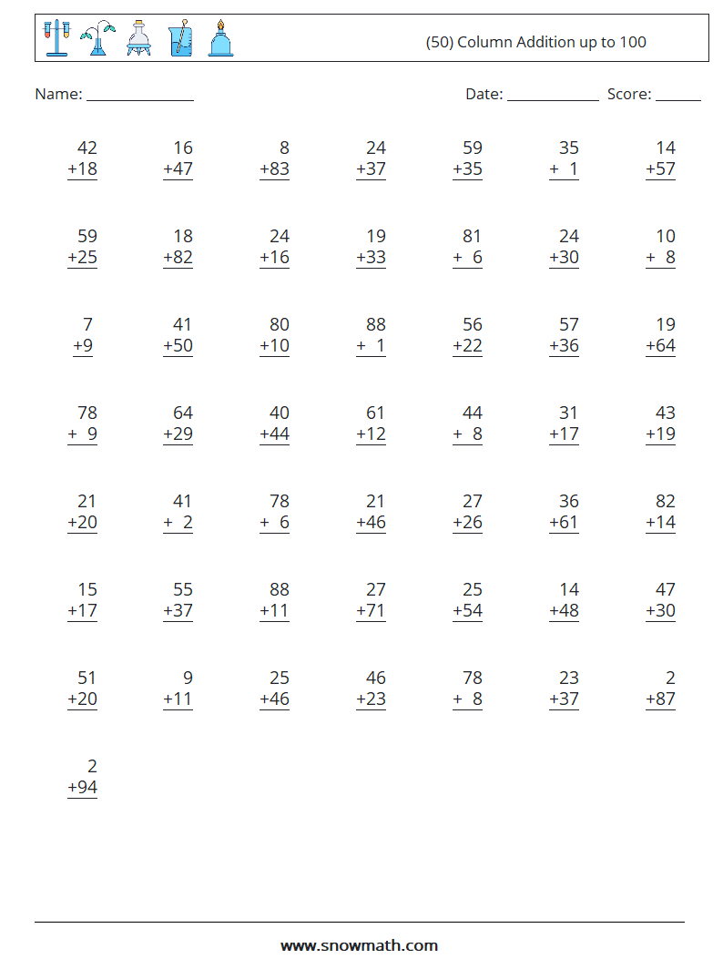 (50) Column Addition up to 100 Maths Worksheets 14