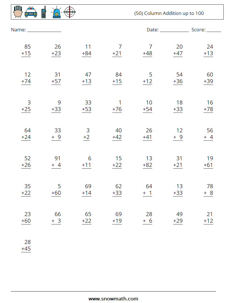 (50) Column Addition up to 100 Maths Worksheets 15