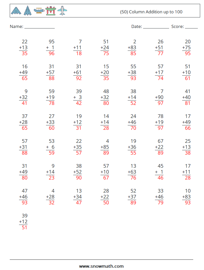 (50) Column Addition up to 100 Math Worksheets 18 Question, Answer