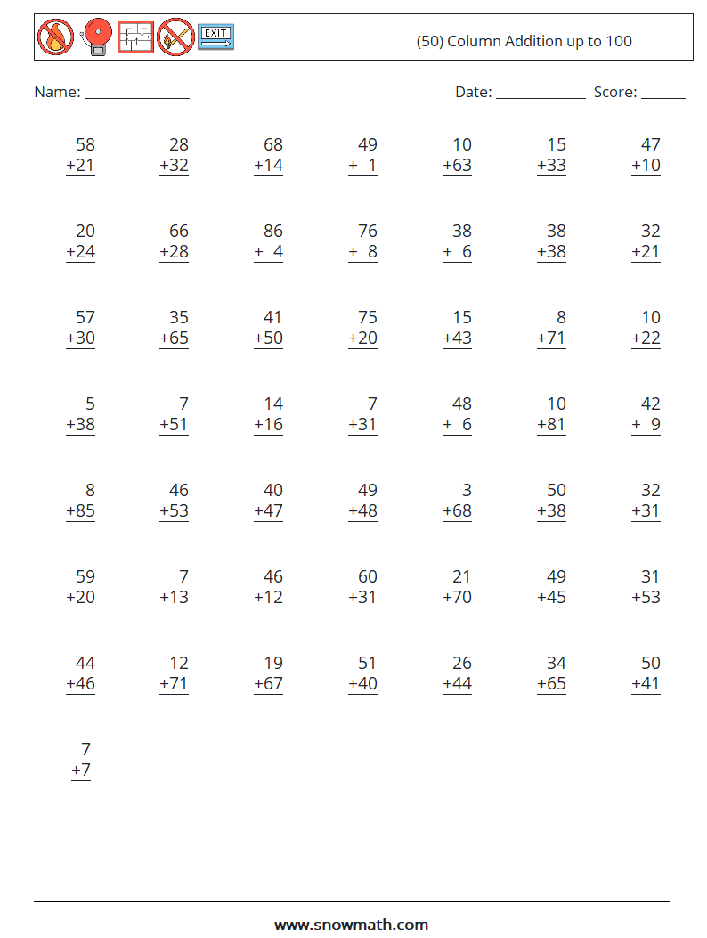 (50) Column Addition up to 100 Maths Worksheets 2