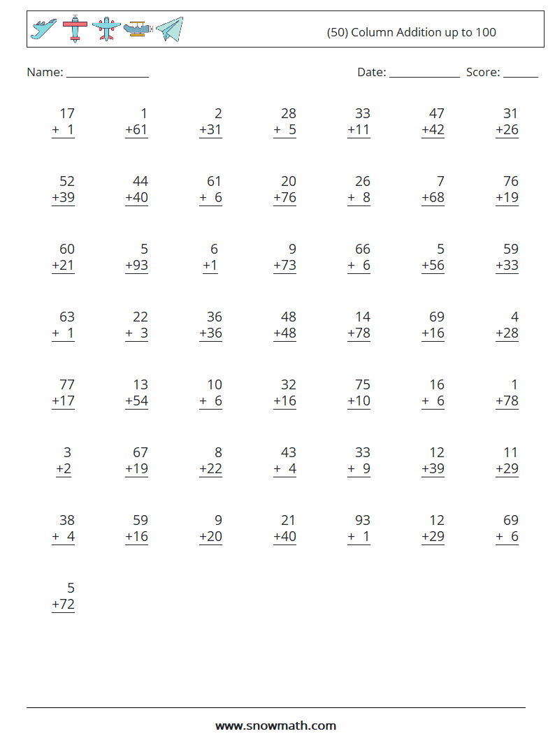 (50) Column Addition up to 100 Math Worksheets 3