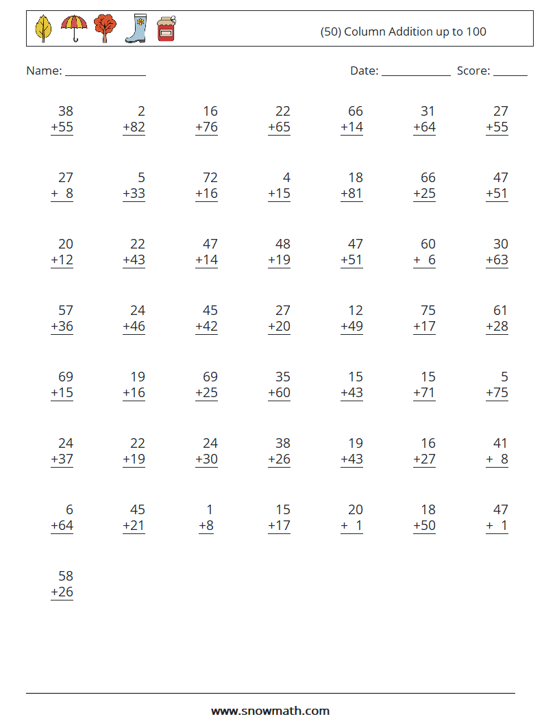 (50) Column Addition up to 100 Math Worksheets 5