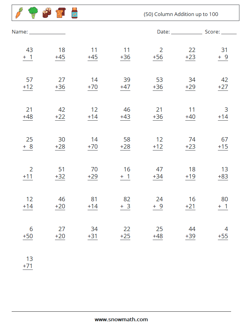 (50) Column Addition up to 100 Maths Worksheets 6