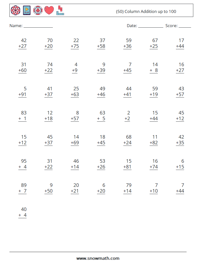 (50) Column Addition up to 100 Maths Worksheets 8