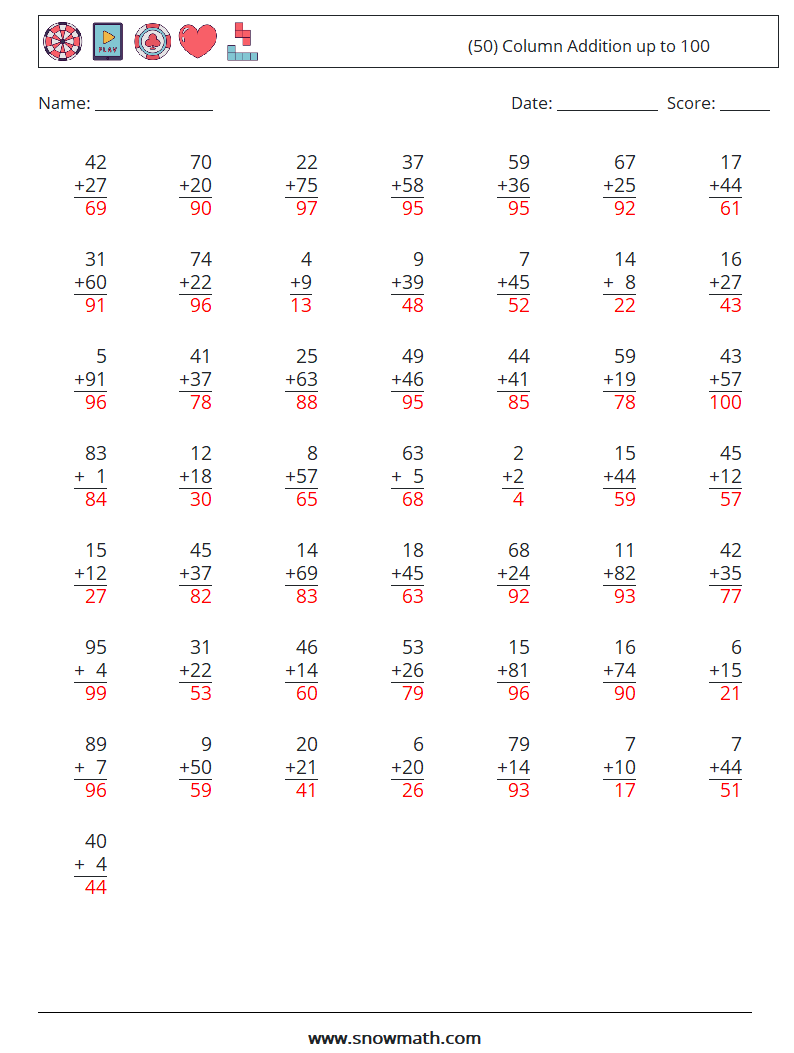 (50) Column Addition up to 100 Math Worksheets 8 Question, Answer