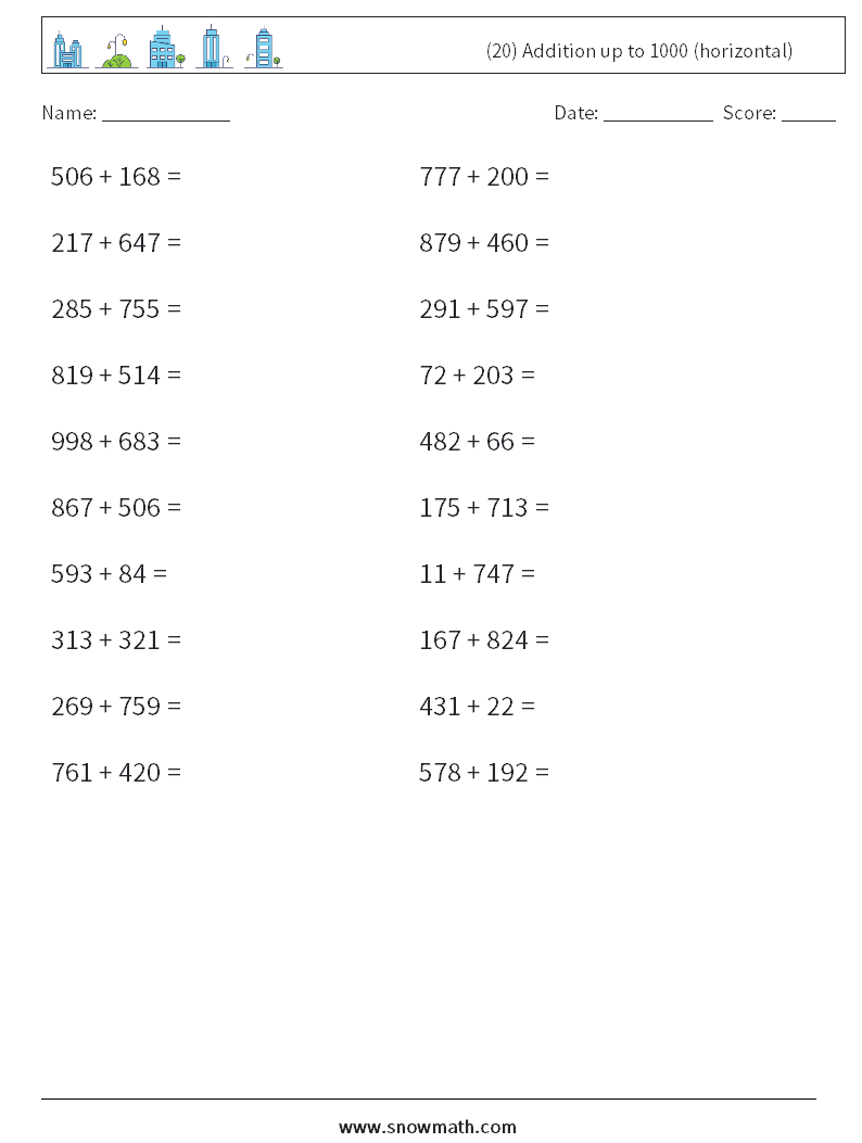 (20) Addition up to 1000 (horizontal) Math Worksheets 1